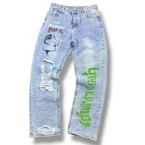Painted Distressed Light Wash Denim Jeans Unique Art Graphic Ripped High Waist